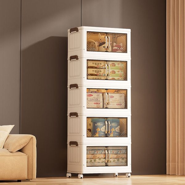 Collapsible Storage Cabinet, Foldable Folding Box Organizer Container Cart with Wheel and Double Door for Home and Office